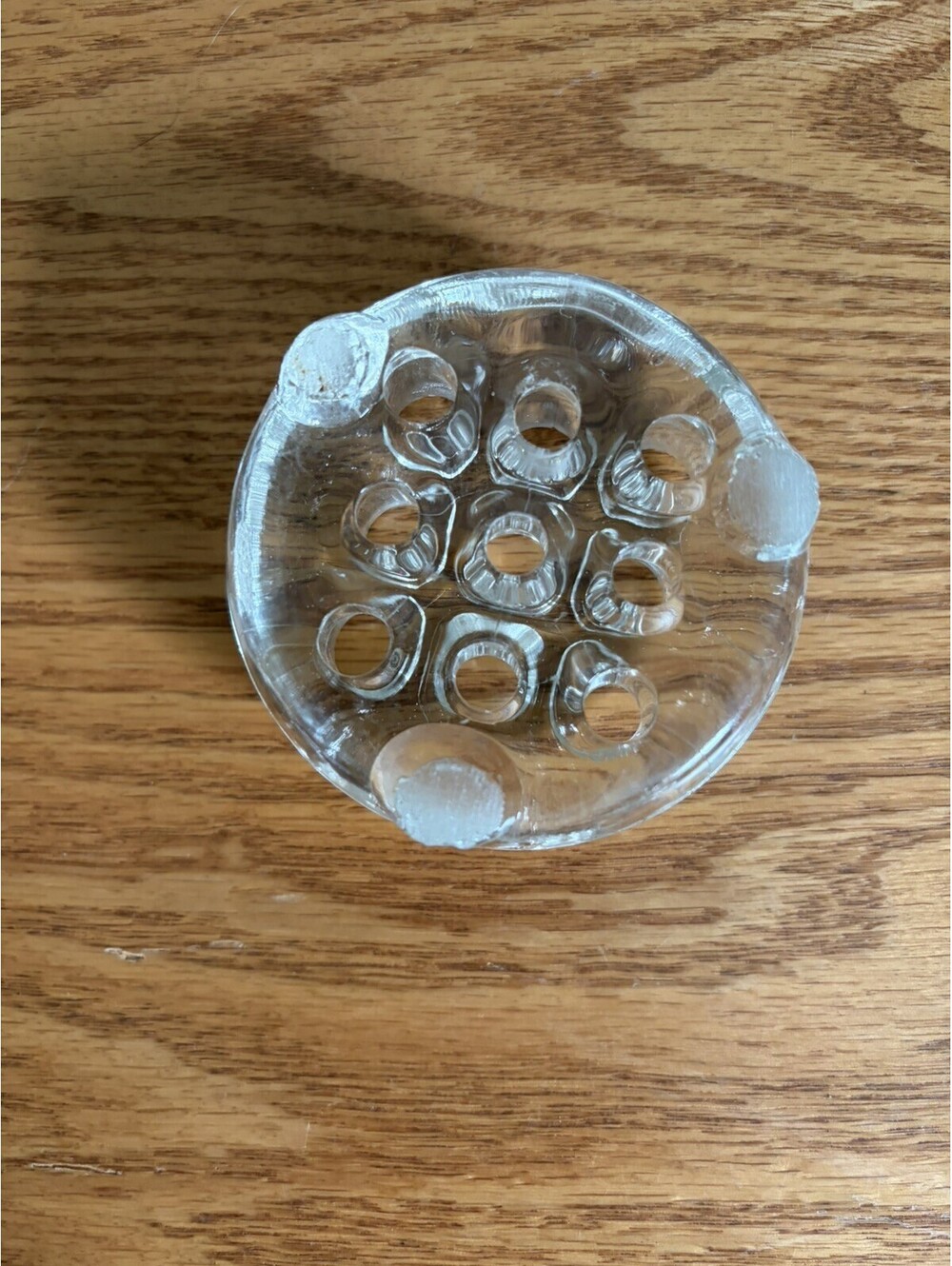 VINTAGE FLOWER FROG STEM HOLDER CLEAR GLASS 9 HOLES FLORAL FROG 2.5” ROUND